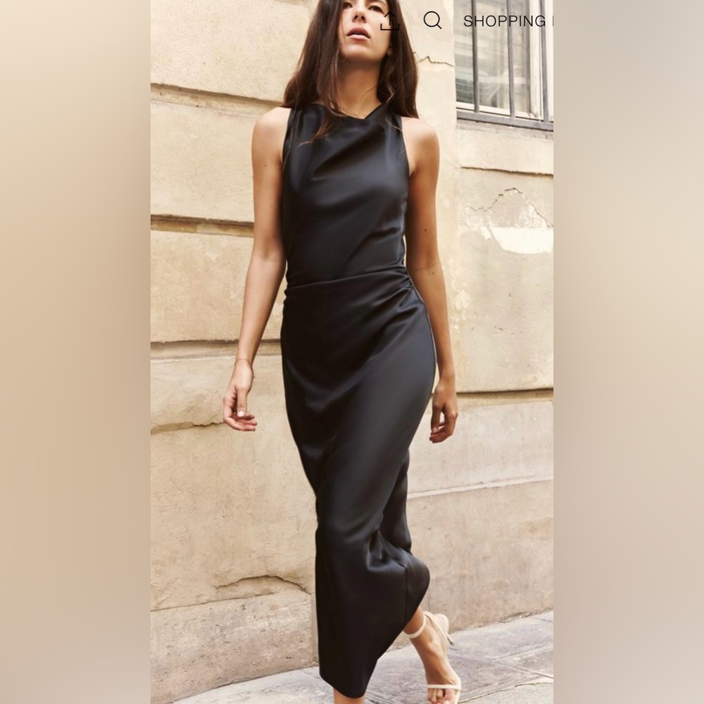 Zara black satin ruched dress